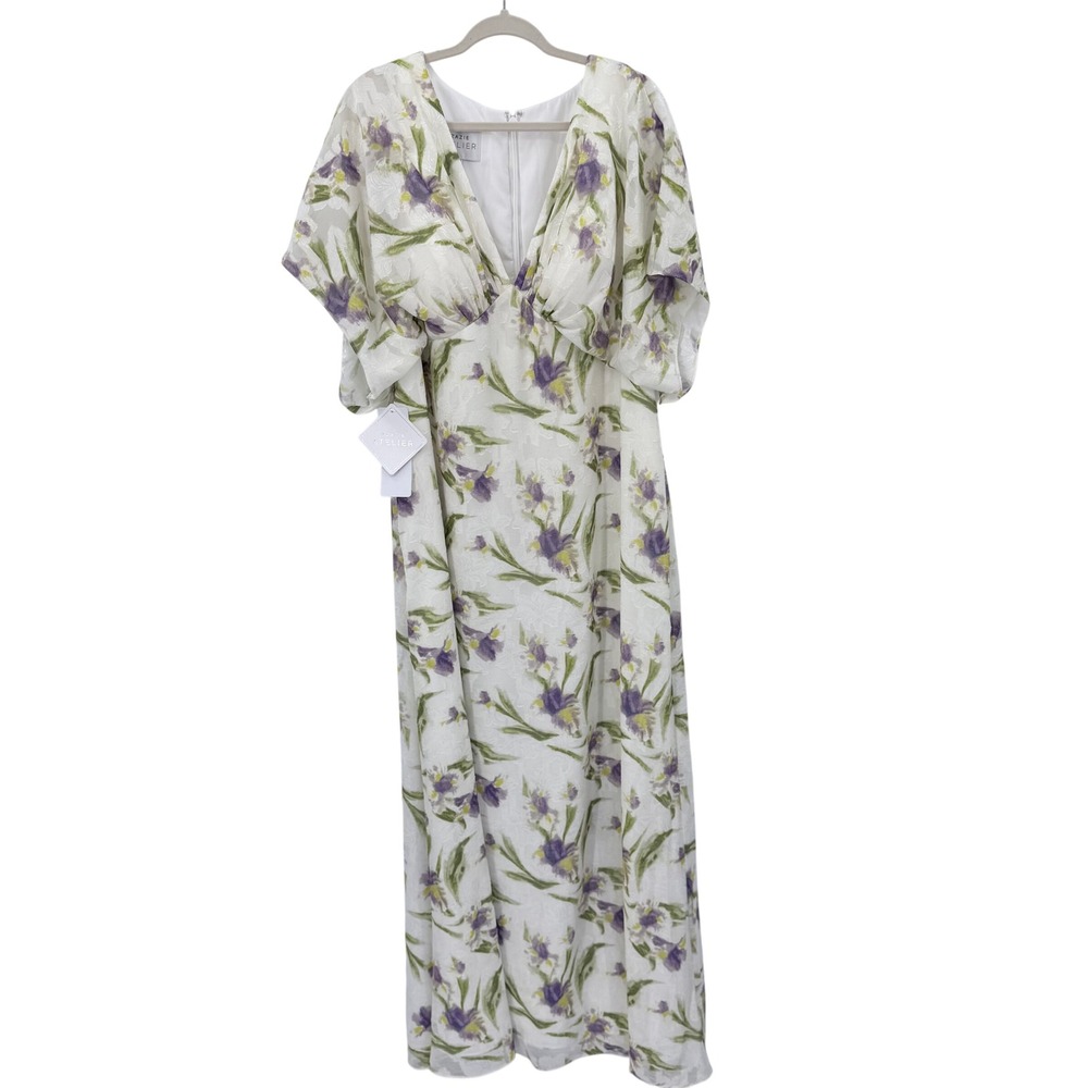 Azazie Atelier Mara Tulip Print White Purple Iris Maxi Dress V-Neck Size 18 NWT
